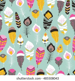 Seamless pattern with boho vintage tribal ethnic colorful vibrant feathers, vector illustration