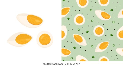 Seamless pattern with boiled egg slices and halves