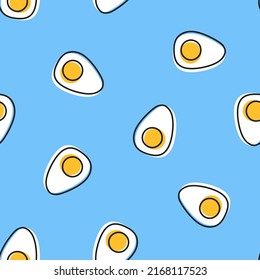 Seamless pattern with boiled eggs and blue background