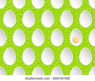 Seamless pattern boiled eggs isolated on fresh green grass background. Design for banner, card, invitation, postcard, textile, fabric, wrapping paper. Vector illustration.