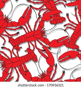 Seamless pattern with boiled red lobsters
