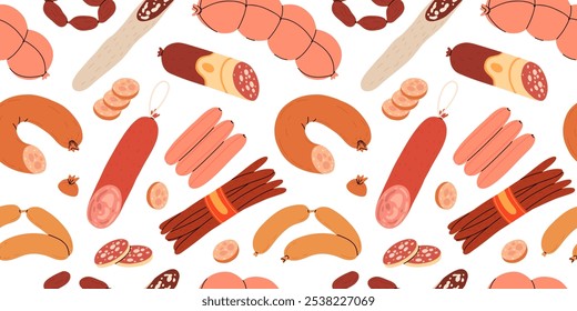 Seamless pattern of boiled and smoked sausage products, frankfurter, whole sausage, half, sliced, boiled pork, string of sausages. Food, meat dish. Color vector illustration isolated on white