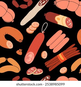 Seamless pattern of boiled and smoked sausage products, frankfurter, whole sausage, half, sliced, boiled pork, string of sausages. Food, meat dish. Color vector illustration isolated on white