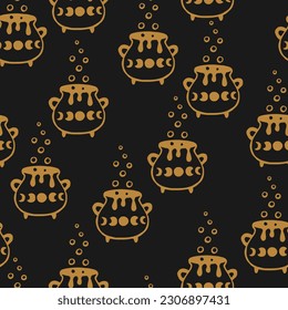 Seamless pattern with boiling magic cauldron. Hand drawn vector illustration.
