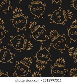 Seamless pattern with boiling magic cauldron. Hand drawn vector illustration.