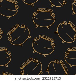 Seamless pattern with boiling magic cauldron. Hand drawn vector illustration.