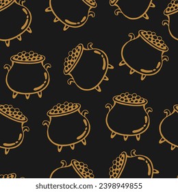 Seamless pattern with boiling magic cauldron. Hand drawn vector illustration.