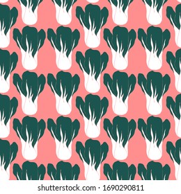 Seamless pattern with bok choi, also pak-choi, Chinese kale. Vegetarian food in modern flat desigh. 