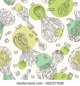 Patrón sin foco con bok choy: planta y pieza de pak choi. Ilustración dibujada a mano por vectores. 