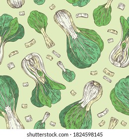 Seamless pattern with bok choy: plant and piece of pak choi. Vector hand drawn illustration. 