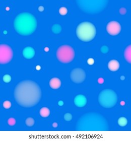 Seamless pattern - bokeh, circles. Blurred light circles. Blue, evening background. Abstract vector.