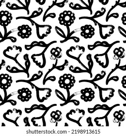 Seamless pattern with bold abstract flowers. Cartoon and childish style flowers with whimsical leaves. Stylized chamomiles, naive geometric retro style ornament. Contemporary forms, twisty stems. 