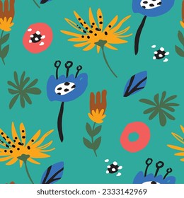 Seamless pattern with bold abstract flowers, hand drawn blossoms and leaves perfect for textiles, wallpaper, pattern fills, web page background, surface textures. Modern bold  floral background