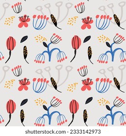 Nahtlose Muster mit fett abstrakten Blumen, handgezeichnet Blüten und Blättern perfekt für Textilien, Tapeten, Muster Füllungen, Webseitenhintergrund, Oberflächentexturen. Moderner, feiner floraler Hintergrund