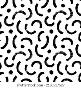 Seamless pattern with bold arched lines. Vector textured geometric ornament. Abstract background with black brush strokes. Bold arched brush strokes and dots. Bauhaus geometric grunge texture. 