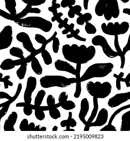 Seamless pattern with bold black flowers. Hand drawn vector leaves and stylized tulips. Expressive organic simple retro ornament. Abstract blossom in naive or geometric style. Floral silhouettes.