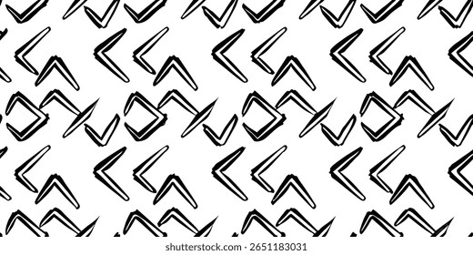Um padrão perfeito de marcas de verificação negrito, pretas e desenhadas à mão e formas angulares geométricas cria um design moderno e minimalista com uma textura ligeiramente áspera e artística.
