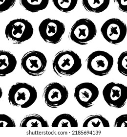 Seamless pattern with bold circles and crosses. Hand drawn vector black ink ornament. Abstract background with geometric brush strokes. Trendy texture with pluses or crosses, symbols of kisses