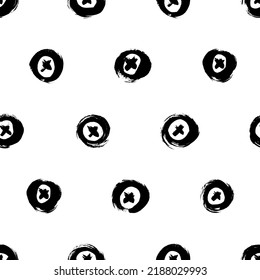 Seamless pattern with bold circles and crosses. Hand drawn vector black ink ornament. Abstract background with geometric brush strokes. Trendy texture with pluses or crosses, symbols of kisses