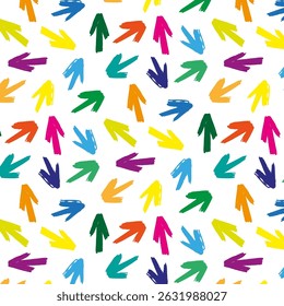 Seamless pattern of bold, colorful curved brush arrows. Thick hand drawn vector strokes with wavy, scratched texture. Perfect for vibrant banners, backgrounds, and dynamic directional designs.