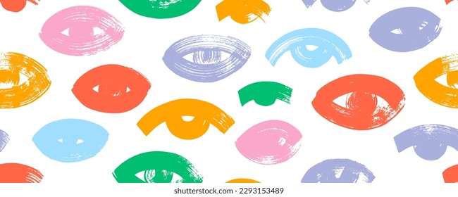 Seamless pattern with bold colorful eyes. Brush drawn vector eyes banner. Rough and dry bright color texture. Grunge style seamless black and white banner. Rough thick strokes. Sketch texture.