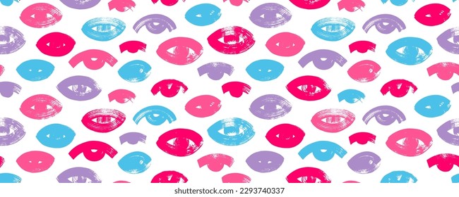 Seamless pattern with bold colorful eyes. Brush drawn vector eyes banner. Rough and dry bright color texture. Grunge style seamless black and white banner. Rough thick strokes. Sketch texture.