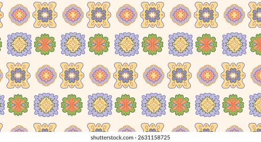 Seamless Pattern with Bold Colorful Floral Motifs. Retro Spring Geometric Elements in Pastel and Green Tones. Naive Hand Drawn Design for Fabric, Wrapping Paper, Wallpaper. Vector Illustration