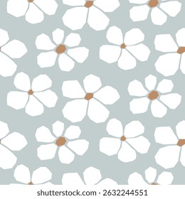 Patrón sin fisuras con flores de margarita atrevidas. Estampado minimalista moderno de campo floral blanco. Abstractas motivo floral. Flores planas dibujadas en estilo naif. Abstractas cogollos de color azul pastel