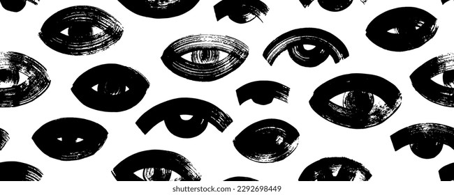 Seamless pattern with bold eyes. Brush drawn vector eyes banner. Rough and dry texture. Grunge style seamless black and white banner. Rough thick strokes. Sketch texture.