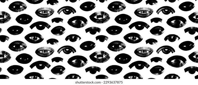 Seamless pattern with bold eyes. Brush drawn vector eyes banner. Rough and dry texture. Grunge style seamless black and white banner. Rough thick strokes. Sketch texture.