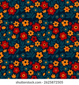 Seamless pattern of bold floral illustrations with dense arrangement of red, orange, and dark green flowers on a navy background. Ideal for textile, wrapping, and decorative surface design.