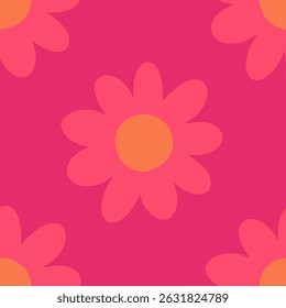 Seamless pattern of bold fuchsia flowers with a retro feel, featuring large petals and bright orange centers on a vibrant pink background. Great for fabric, gift wrap, and bold floral design.