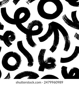 Seamless pattern with bold geometric shapes in grunge style. Thick curves, squiggles, spirals and circles background. Abstract trendy vector seamless pattern. Hand drawn abstract geometric background.