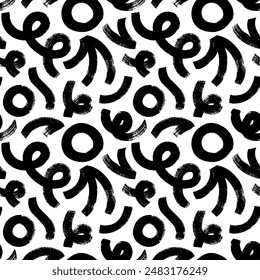 Seamless pattern with bold geometric shapes in grunge style. Thick curves, squiggles, spirals and circles background. Abstract trendy vector seamless pattern. Hand drawn abstract geometric background.