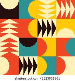Nahtloses Muster mit fetten geometrischen Formen in einer auffälligen Palette aus Teal, Orange, Gelb und Schwarz, perfekt für moderne Tapeten und Dekorationen