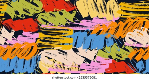 Seamless Pattern of Bold Grunge Marker Lines in Multicolor on a Dark Background