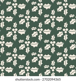 Seamless pattern with bold holly leaves and berries in a stylized decorative layout on a dark background, created as a vector illustration for festive seasonal projects.