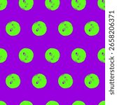 Seamless pattern with bold neon colors stencil circles. Charcoal polka dots endless background. Electric green and purple grunge dot repeat cover. Vector textured trendy modern illustration.