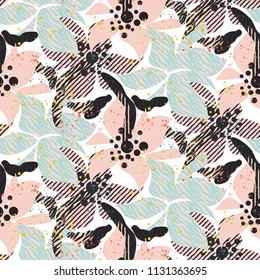 Seamless pattern with bold pastel flowers with shaded texture.