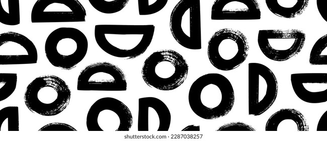 Seamless pattern with bold semi circles and circles. Seamless banner with brush drawn round shapes, vector geometric figures. Half round lines grunge abstract texture. Bold and thick brush strokes.