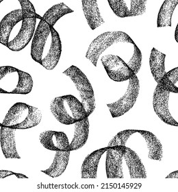 Seamless pattern with bold textured swirls. Wavy and curly lines, dry curled brush strokes. Abstract ink brush doodle ornament. Grunge freehand drawings. Hand drawn abstract ink background. 