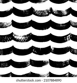 Seamless pattern with bold waves. Hand drawn horizontal vector curly lines. Grunge ripple texture. Black and white ornamental print for t-shirts. Sea, rivers or ocean abstract waves.