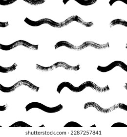 Patrón sin brillo con líneas onduladas. Pincel de la textura de la ondulación. Resumen de ondas vectoriales gruesas con textura gruesa. Acariciaciones de pincel curvo vectorial. Smeas monocromáticas horizontales.