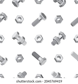 Seamless pattern with bolts and nuts on a white background. Isometric 3D vector illustration in flat style. For repair service, technical support, tool shop or others.