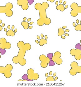 Seamless pattern with bone and paw on white background. Vector pattern