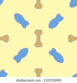Seamless pattern with bones and fishes. Multicolored vector on a yellow background. It can be cut along the contour of a special line