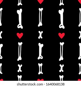 Seamless pattern. Seamless pattern. Bones and red hearts. Romantic gothic ornament. Illustration for Halloween. Also great for Valentine's Day.