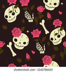 Seamless pattern with bones and roses. Vector graphics.