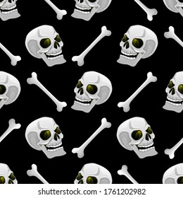 Seamless pattern with bones and skulls on a black background.