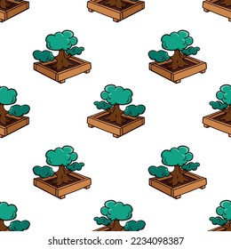 Seamless pattern with bonsai tree perspective view doodle vector